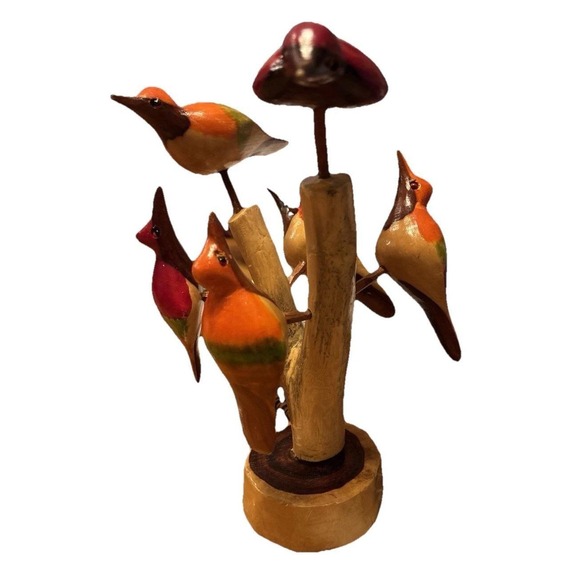Hand Carved Birds Painted Folk Art in a Tree Wood Statue Removable Birds MCM